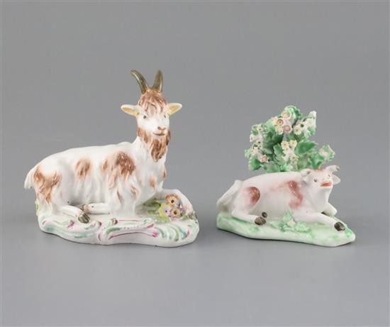A Derby figure of a recumbent goat and a similar figure of a lowing cow, c.1760-5, L. 12cm and 9.5cm